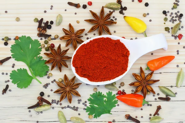 Chili powder with selection of Indian spices — Stock Photo, Image