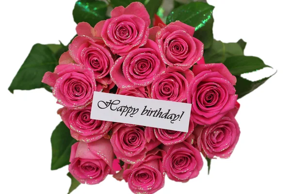 Happy birthday card with pink roses bouquet isolated on white — Stock Photo, Image