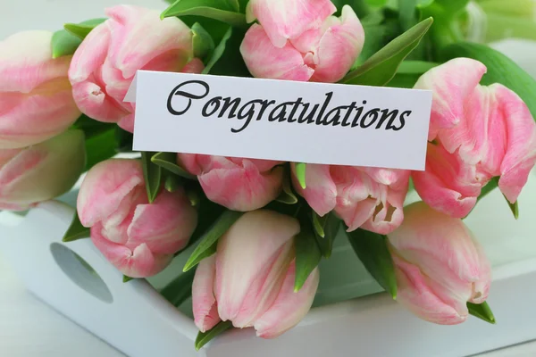 Congratulations card with pink tulips — Stock Photo, Image