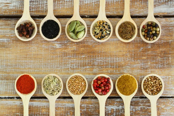 Selection of Indian spices on wooden spoons — Stock Photo, Image