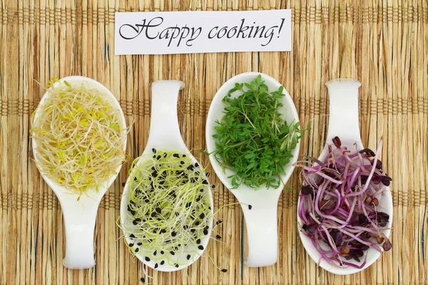 Happy cooking card with alfalfa, leek sprouts and watercress on porcelain spoons on bamboo mat — Stock Photo, Image