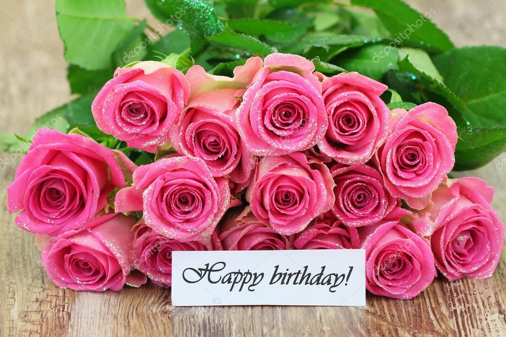 Happy birthday card with pink roses bouquet — Stock Photo © graletta ...