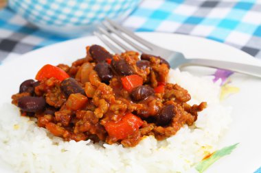 Chili con carne pirinç, yakın çekim