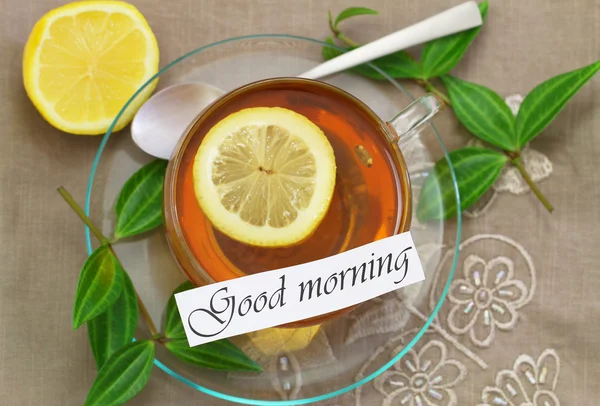 Καλημέρα κάρτα με τσάι με λεμόνι — Φωτογραφία Αρχείου