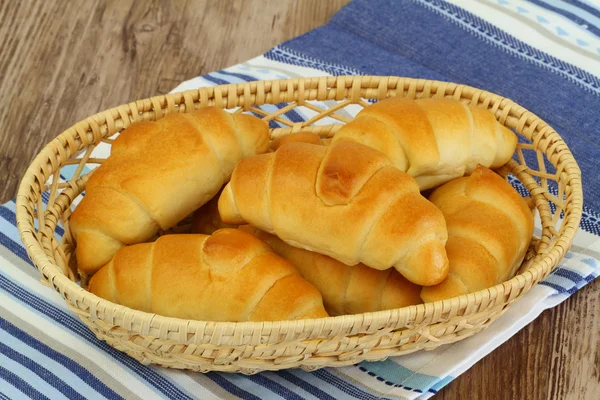 Butter croissants in bread basket, close up — Stock Photo, Image