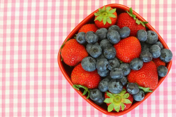 Erdbeeren und Blaubeeren in Schale auf rosa kariertem Tuch mit Kopierraum — Stockfoto