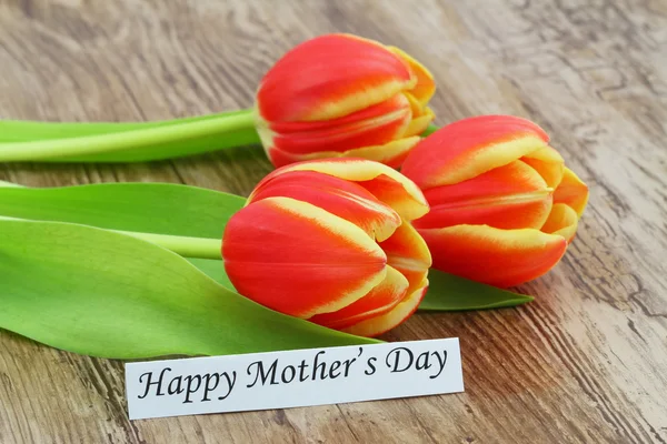 Šťastný den matek karta s červené a žluté tulipány na dřevěné desce — Stock fotografie