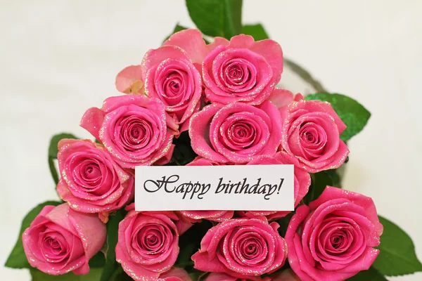 Happy birthday card with pink roses with glitter — Stock Photo, Image