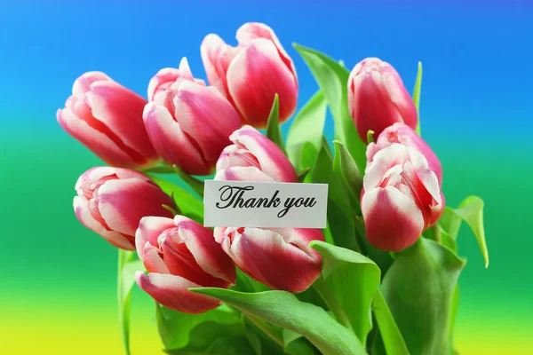 Dankeschön-Karte mit rosa Tulpen, auf buntem Hintergrund — Stockfoto