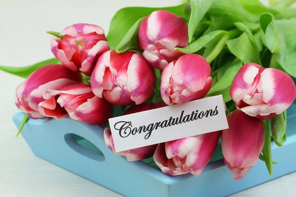 Gefeliciteerd kaart met roze tulpen — Stockfoto