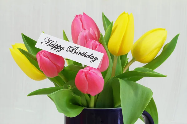 Happy Birthday card with colorful tulips — Stock Photo, Image