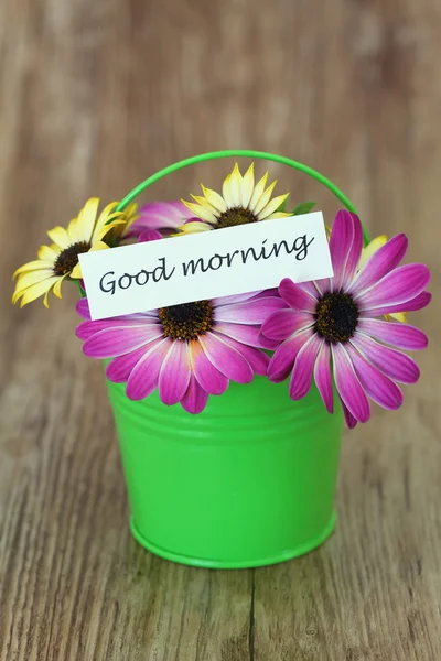 Guten Morgen Karte mit bunten Gerbera-Gänseblümchen auf Holzoberfläche — Stockfoto