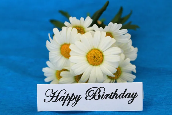 Feliz cartão de aniversário com margaridas brancas no fundo azul — Fotografia de Stock