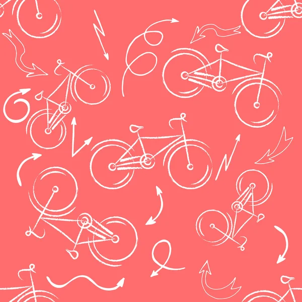 निर्बाध साइकिल पैटर्न। लाल पृष्ठभूमि पर सफेद प्रतीक। खेल प्रिंट। सदिश — स्टॉक वेक्टर