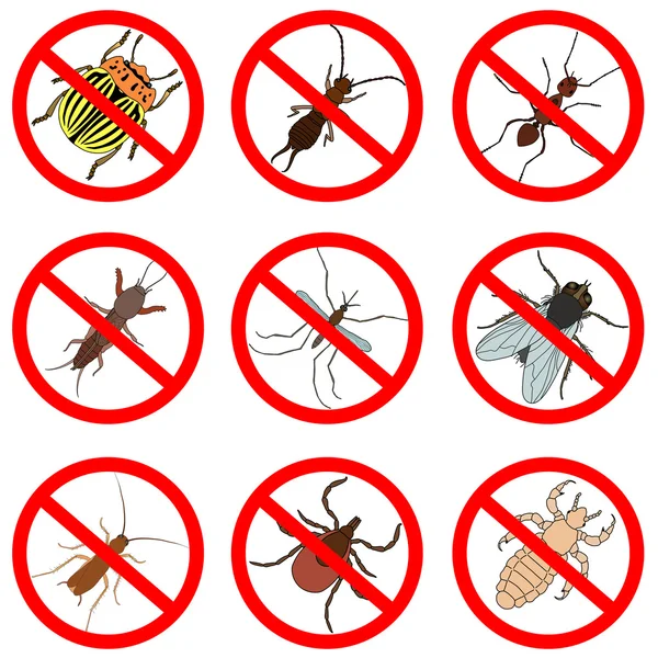 Pest and insect control, icons set. Tick and cricket, bug and ant, fly and cockroach, colorado beetle and mosquito, vector — Stock Vector