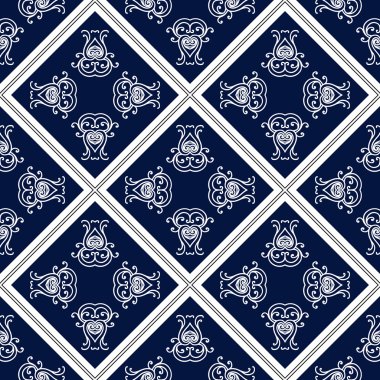 Soyut seamless modeli, vintage vektör süsleme, mavi ve beyaz arka plan