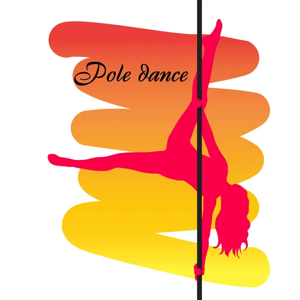 Pole dancer with long hair  on the pole  on the yellow & red bac — Stock Vector