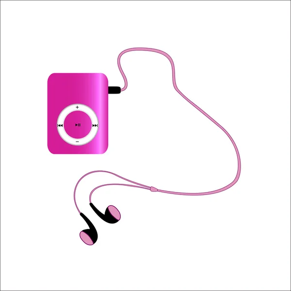 Reproductor de mp3 rosa realReproductor de mp3 rosa con auriculares aislados — Vector de stock