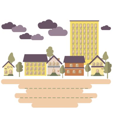 Day in city. Buildings and trees. Flat style. Vector