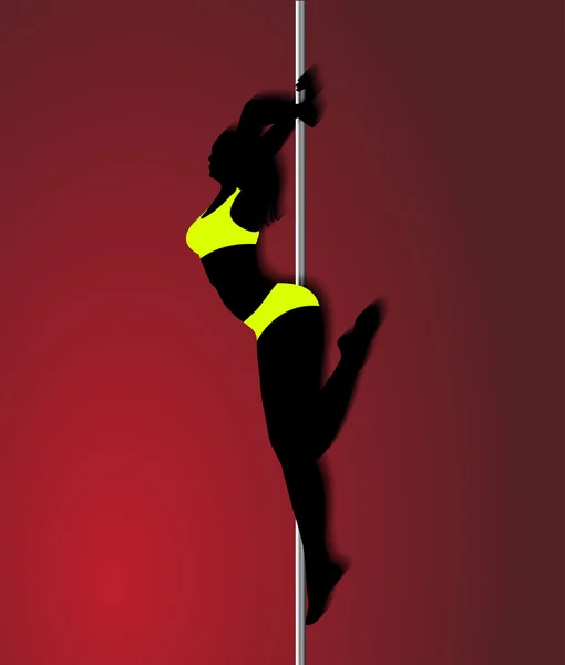 Pole dancer in bright yellow clothes, sexy silhouette on red bac — Stock Vector