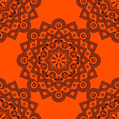 Mandala. Turuncu zemin üzerine yuvarlak süsleme. Vektör çizim.