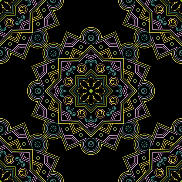 Elegant, seamless, vector background with oriental ornaments of mandalas on a black background. Bright, colorful seamless — Stock Vector