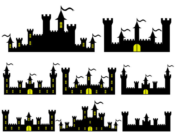 Набор фэнтези замков силуэты для дизайна. иллюстрация
