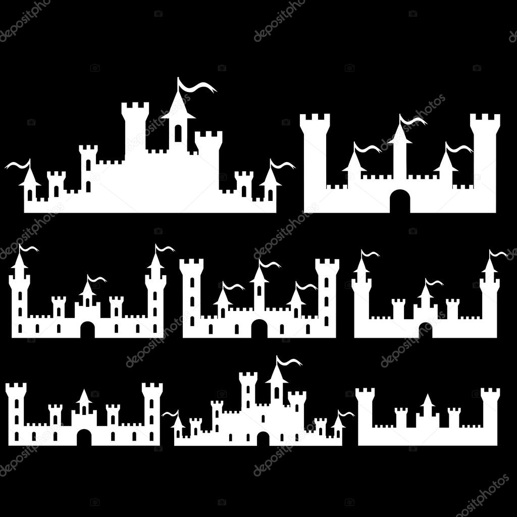 Set of Fantasy castles silhouettes for design. Isolated on black background. Vector