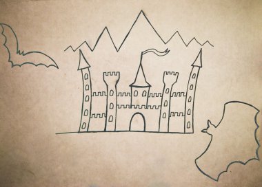 Ortaçağ Kalesi. Buruşturulmuş kraft kağıt arka plan üzerinde kroki. çizilmiş