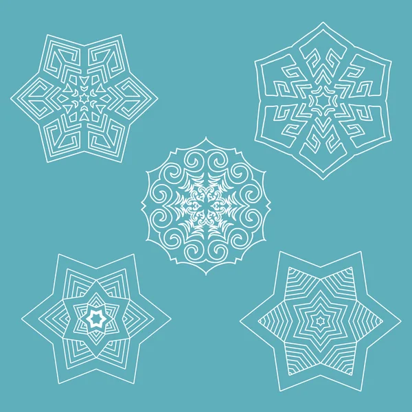 Set of flat line vector snowflakes with shadows on blue background. Christmas and New Year decoration element. Simple shape winter seasonal template — Stock Vector