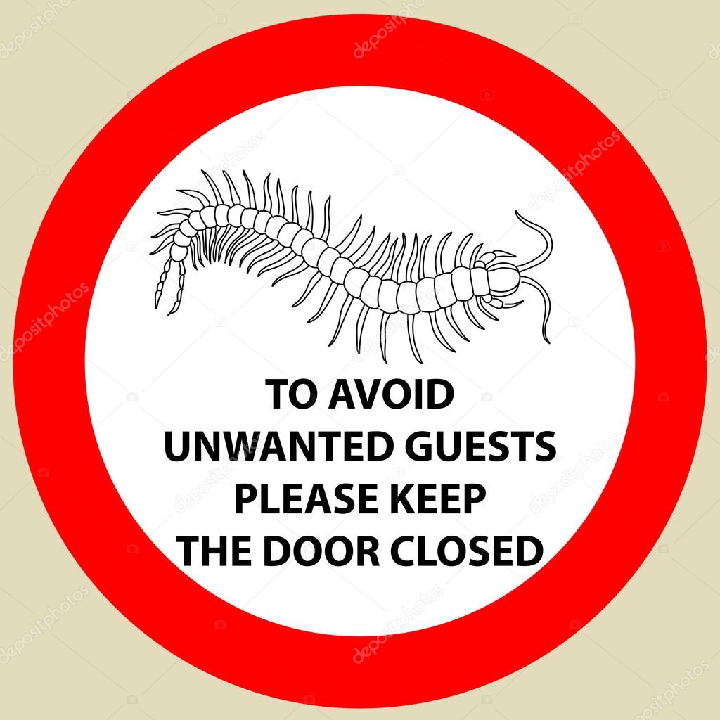 Sticker with Warning sign insect icon centipede . Silhouette hand-drawn centipede.  Vector