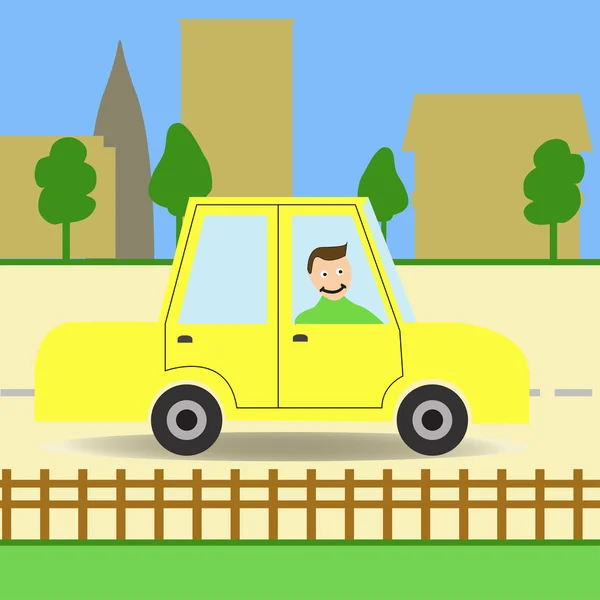 Coche. Un hombre en un coche en la ciudad. Coche en la ciudad. Coche verde. Coche en la carretera. Estilo plano. Vector — Vector de stock