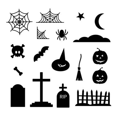 Mutlu Cadılar Bayramı siyah unsurları - süpürgeler, örümcek ağı, kafatası kemikleri mezar çiti, balkabağı, ay, bulut, yarasa, örümcek, cadı şapkası. Beyaz arkaplanda stok vektör illüstrasyonu