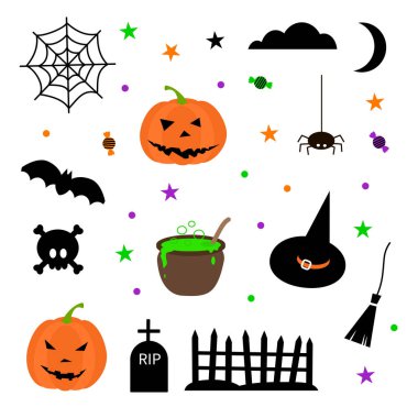 Mutlu Cadılar Bayramı öğeleri - süpürge örümcek ağı kafatası kemikleri, mezarlar, çit, balkabağı, ay, bulut, yarasa, örümcek, cadı şapkası. Beyaz arkaplanda stok vektör illüstrasyonu