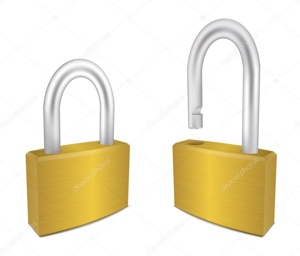 Locked and Unlocked Metal Padlocks, Vector Illustration