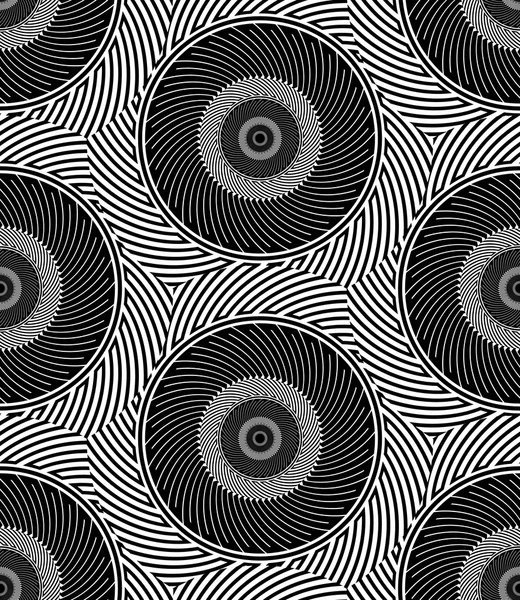Striped Circles Geometric Optical Black and White Vector Seamless Pattern — Stock Vector