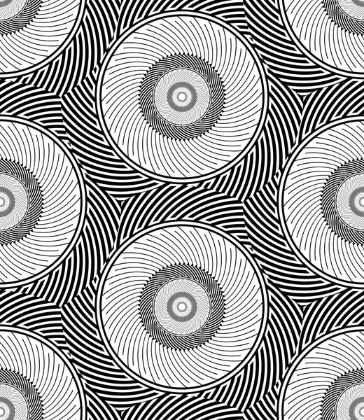 Striped Circles Geometric Optical Black and White Vector Seamless Pattern — Stock Vector