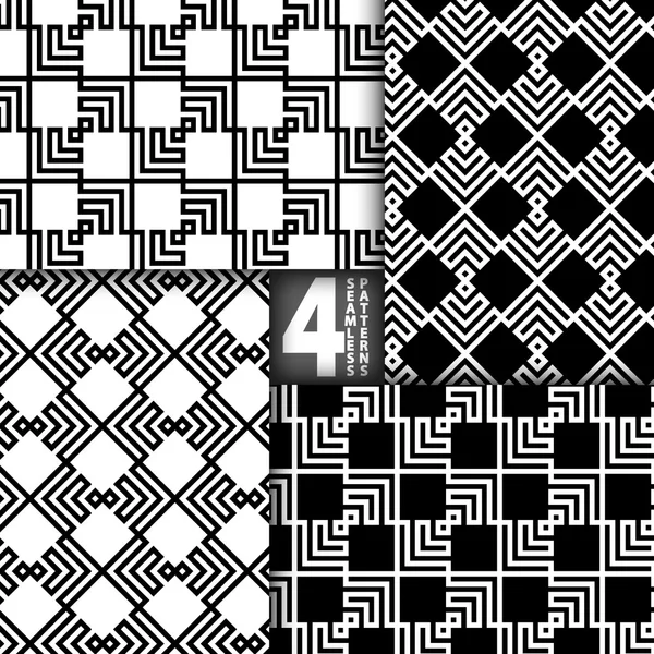 Abstract ZigZag Black White Vector Seamless Pattern, Set of 4 — Stock Vector