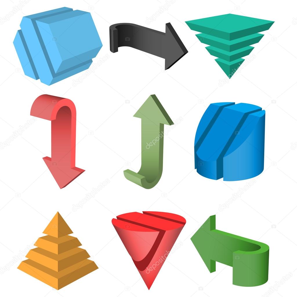 Set of 3D Geometric Shapes and Arrows, Vector Illustration