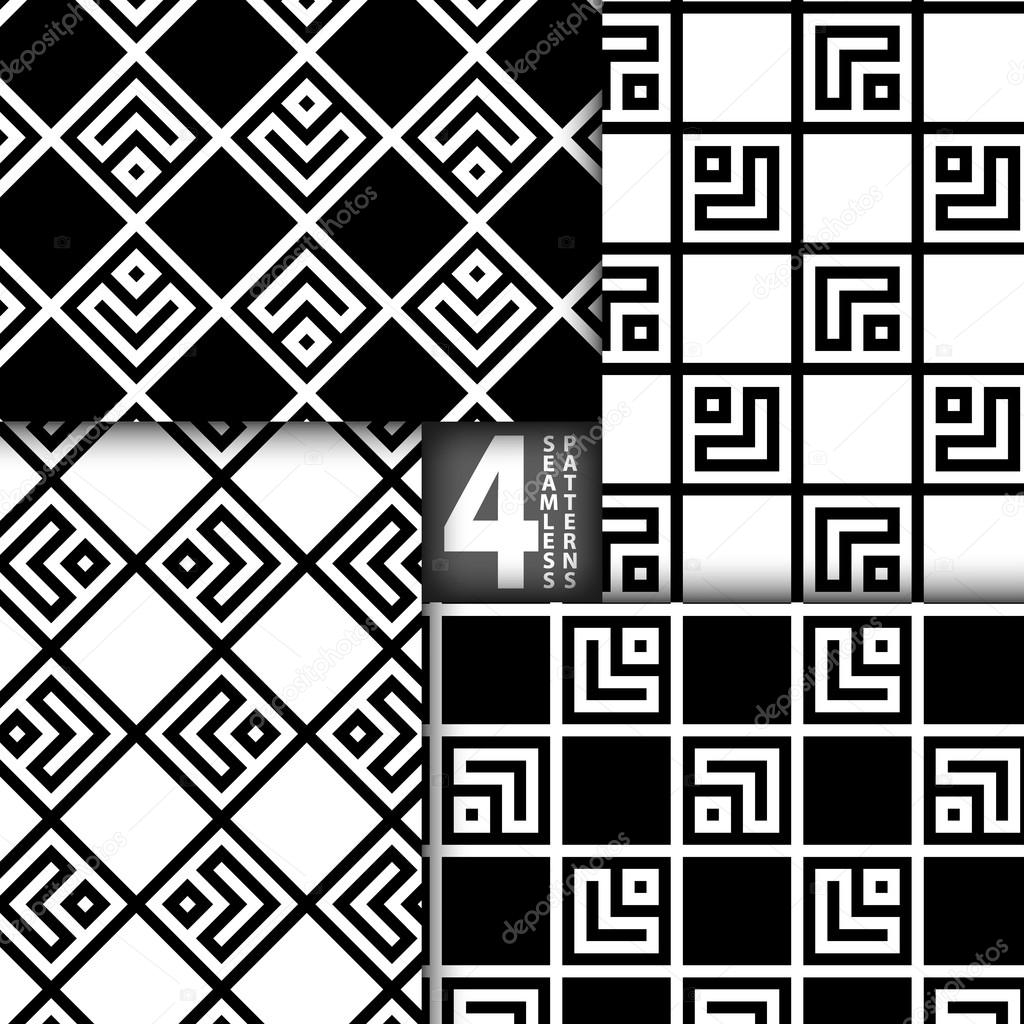 Simple Geometric Square Based Black White Vector Seamless Pattern, Set of 4