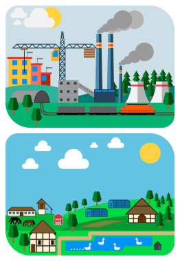 Şehir ve ülke manzaralar, düz vektör çizimler