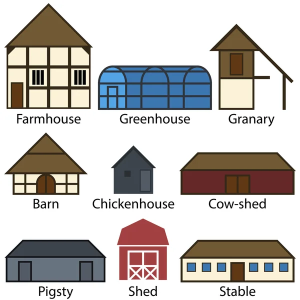 Bâtiments agricoles Icônes plates, Illustration vectorielle — Image vectorielle