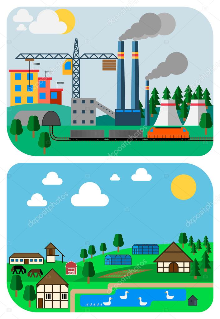 Urban and Country Landscapes, Vector Flat Illustrations