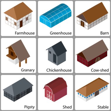 3D Farm Buildings Icons, Vector Illustration