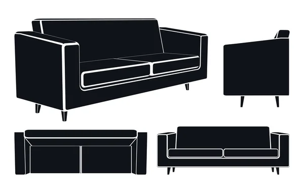 Moderne Sofa-Couch, verschiedene Ansichten, Vektorillustration. — Stockvektor