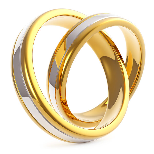 Pair of Golden Platinum Wedding Rings Isolated on White Background