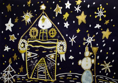 Çocuk suluboya kış kardan adam gece çizim yıldız