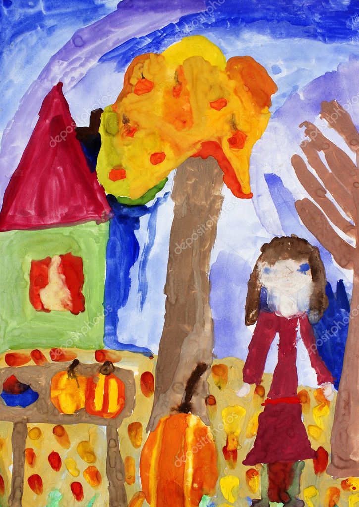 Children S Drawing Water Color Paints Princess Tree House Stock