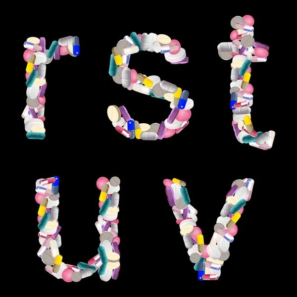 siyah arka plan üzerinde renkli ilaç tablet ve hapları alfabe harfler