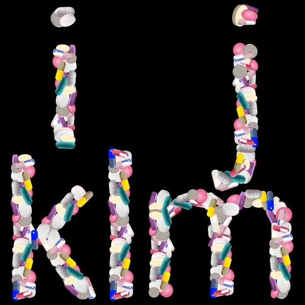 siyah arka plan üzerinde renkli ilaç tablet ve hapları alfabe harfler